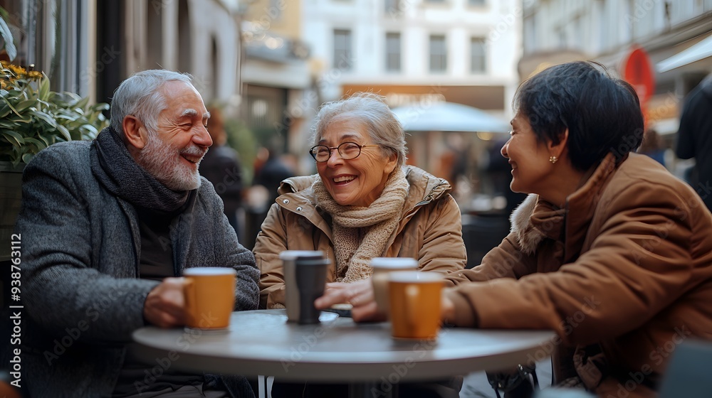 A warm and cheerful scene of three friends enjoying coffee together in an outdoor café setting, capturing a moment of joy and connection. A warm and cheerful scene of three friends enjoying coffee together in an outdoor café setting, capturing a moment of joy and connection.