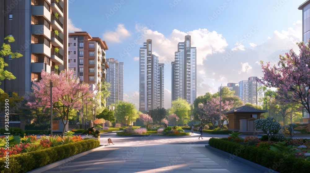 a serene residential scene with a blend of sleek apartment buildings and charming houses a serene residential scene with a blend of sleek apartment buildings and charming houses