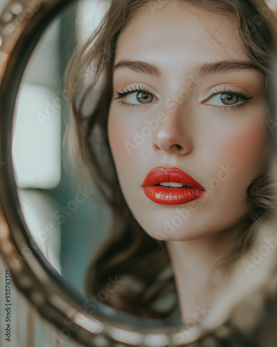 A young woman applying red ...