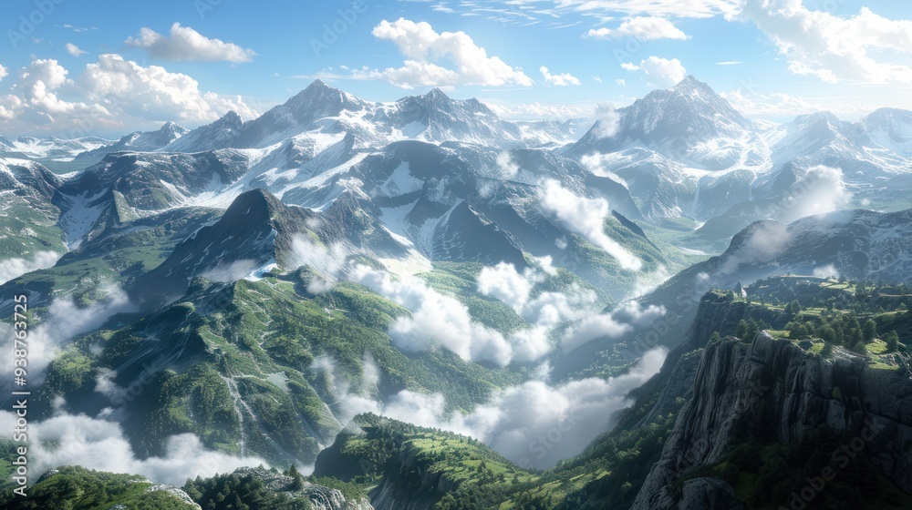 Naklejka premium Majestic Mountain Peaks Piercing Through Clouds