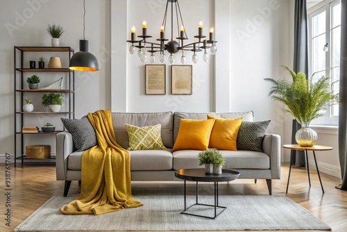 Scandinavian sofa with pillows and dark yellow blanket in bright living room interior with black chandelier photo