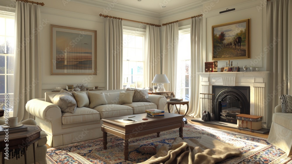 a traditional living room with a cozy sofa, a classic coffee table, and a vintage rug. a traditional living room with a cozy sofa, a classic coffee table, and a vintage rug.