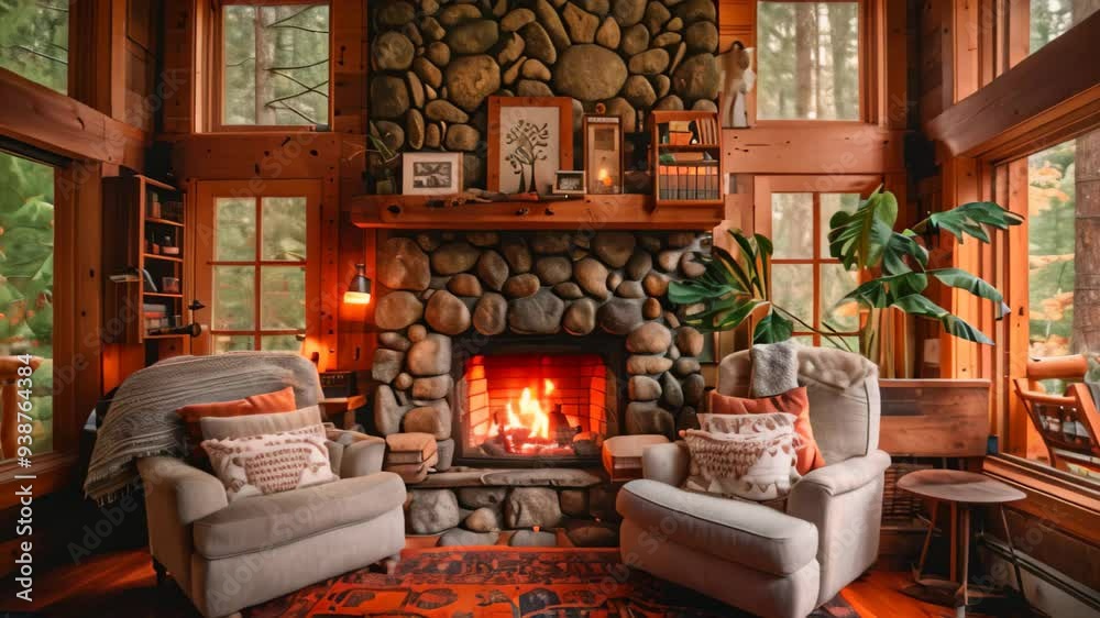 A cozy cabin living room with a stone fireplace, two armchairs, and windows overlooking the forest A cozy cabin in the woods with a rustic fireplace and plush armchairs A cozy cabin living room with a stone fireplace, two armchairs, and windows overlooking the forest A cozy cabin in the woods with a rustic fireplace and plush armchairs