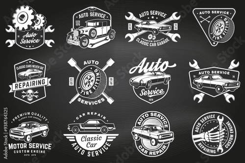 Set of auto service logo, emblems, badges on the chalkboard. Vector. Service car repair, restoration and car club design elements.