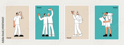 Travel persons. Travelers posters. Hiking tourism. Tourists posing for photography. Man looking through binoculars. Camping map. Guys making selfie. Phone photo camera. Vector vacation banners set