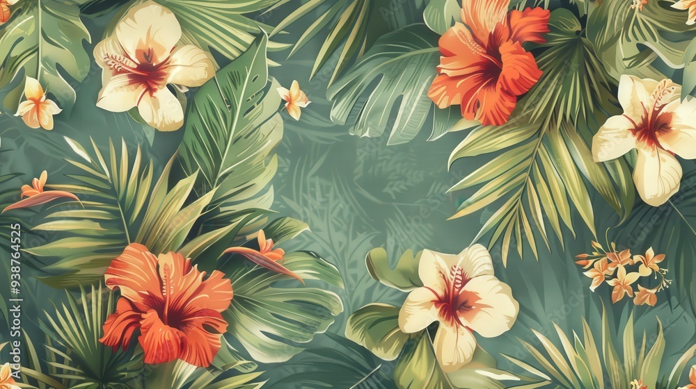 a tropical pattern with a retro vibe, featuring vintage-style tropical flowers and palm fronds a tropical pattern with a retro vibe, featuring vintage-style tropical flowers and palm fronds
