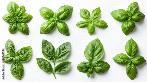 basil isolated on white background, basil leaf set, herb leaves, fresh