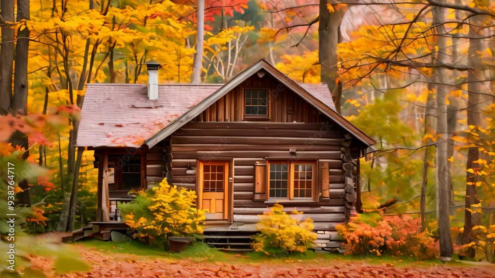 A charming, wooden cabin sits amidst colorful autumn leaves in a forest A cozy cabin nestled among vibrant foliage A charming, wooden cabin sits amidst colorful autumn leaves in a forest A cozy cabin nestled among vibrant foliage