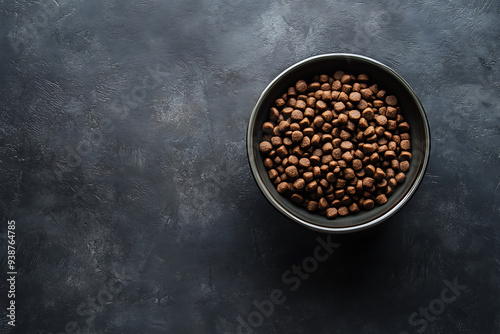 A close-up image of a bowl filled with dry pet food kibble, showcasing the texture and detail of the crunchy pellets. 