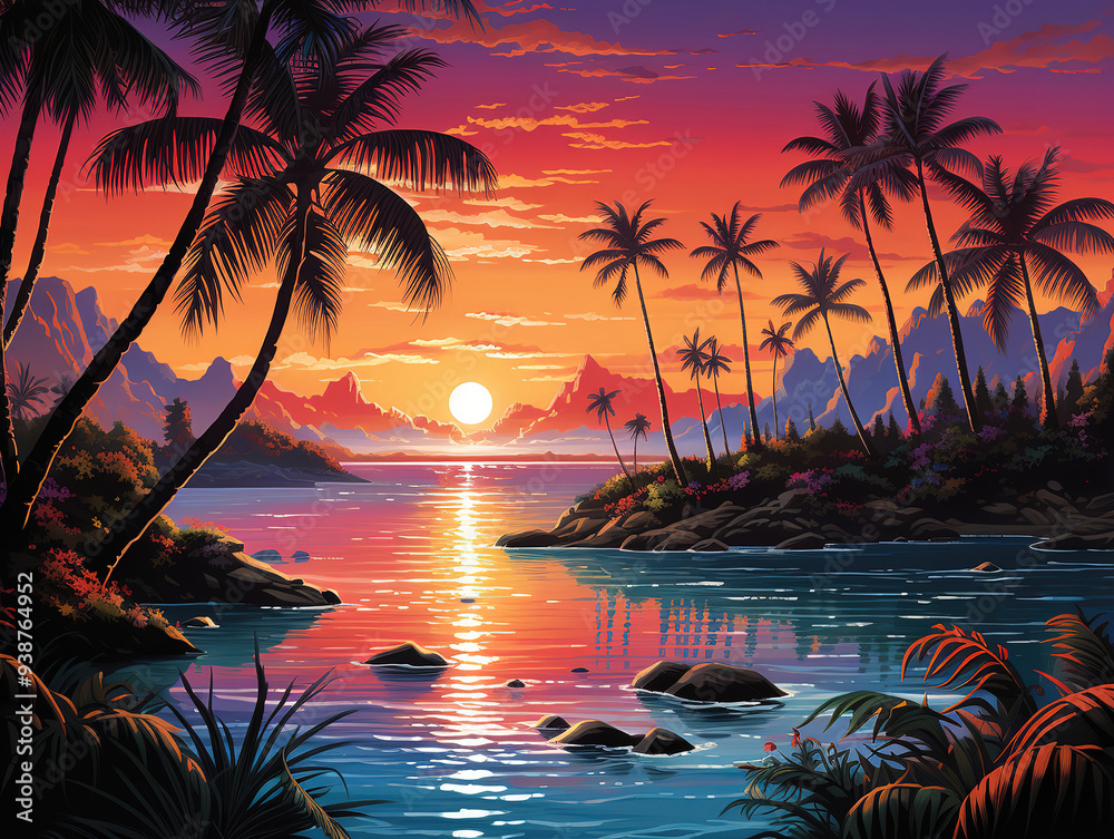 Fototapeta premium Superb Tropical beach sunset palm trees tropical twilight palm tree beach sunset