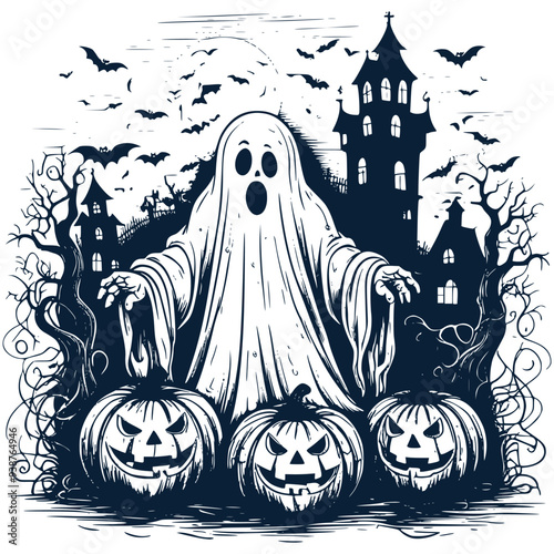 Funny Halloween Graphic, Cute Halloween Horror Haunted Ghost Vector Illustration