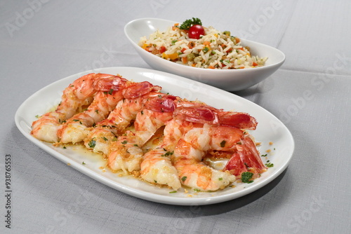 Santista shrimp with Greek rice on the plate