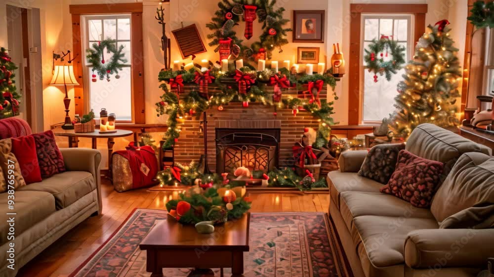 A cozy living room with a lit Christmas tree, garland-decorated fireplace, and festive wreaths hanging in the windows A cozy living room decorated with garlands, wreaths, and ornaments A cozy living room with a lit Christmas tree, garland-decorated fireplace, and festive wreaths hanging in the windows A cozy living room decorated with garlands, wreaths, and ornaments