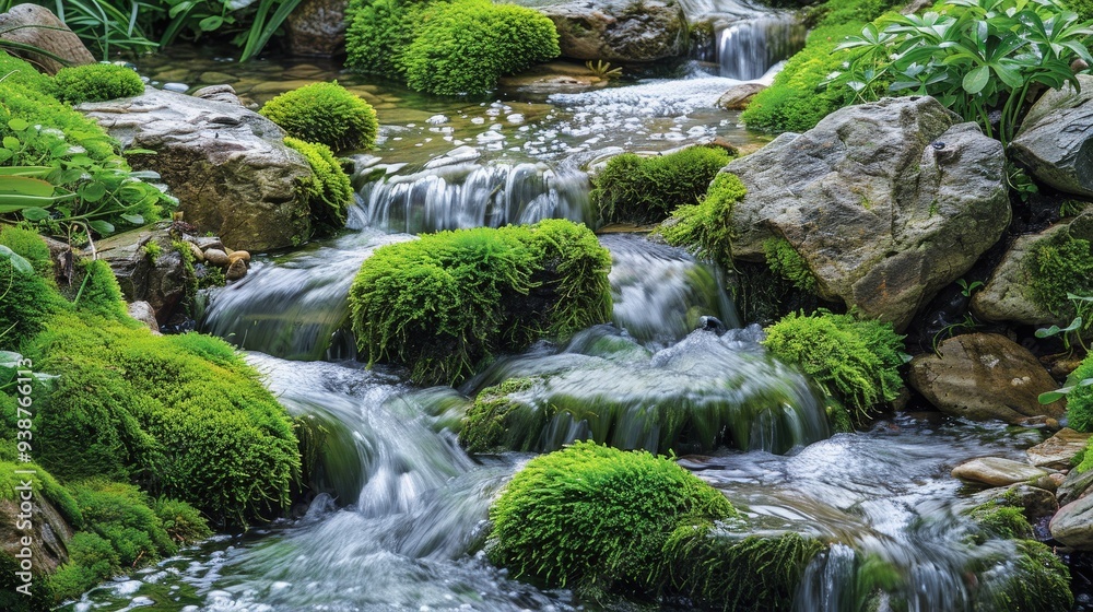 Zen-like nature with a quiet, flowing stream, surrounded by mossy rocks and bright green trees. Zen-like nature with a quiet, flowing stream, surrounded by mossy rocks and bright green trees.