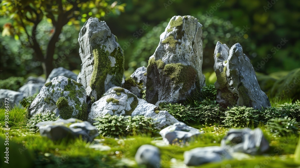 Zen rock formation surrounded by peaceful greenery and soft moss. Highlight the natural textures and harmonious arrangement of the rocks Zen rock formation surrounded by peaceful greenery and soft moss. Highlight the natural textures and harmonious arrangement of the rocks