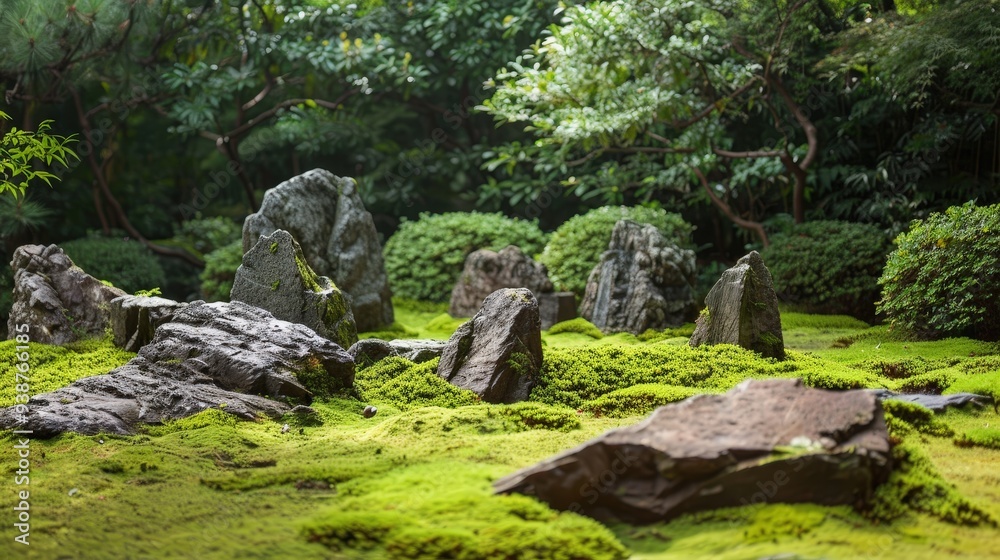 Zen rock formation surrounded by peaceful greenery and soft moss. Highlight the natural textures and harmonious arrangement of the rocks Zen rock formation surrounded by peaceful greenery and soft moss. Highlight the natural textures and harmonious arrangement of the rocks