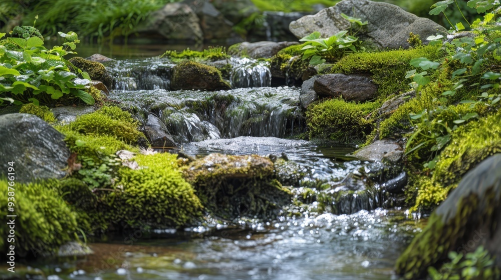 Zen-like nature with a quiet, flowing stream, surrounded by mossy rocks and bright green trees. Zen-like nature with a quiet, flowing stream, surrounded by mossy rocks and bright green trees.
