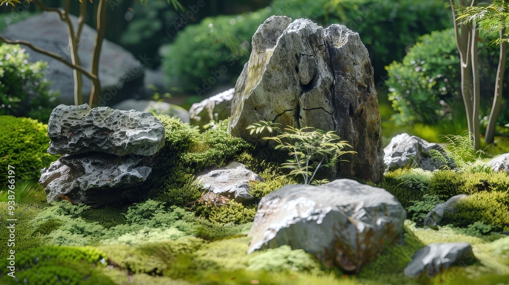 Zen rock formation surrounded by peaceful greenery and soft moss. Highlight the natural textures and harmonious arrangement of the rocks Zen rock formation surrounded by peaceful greenery and soft moss. Highlight the natural textures and harmonious arrangement of the rocks