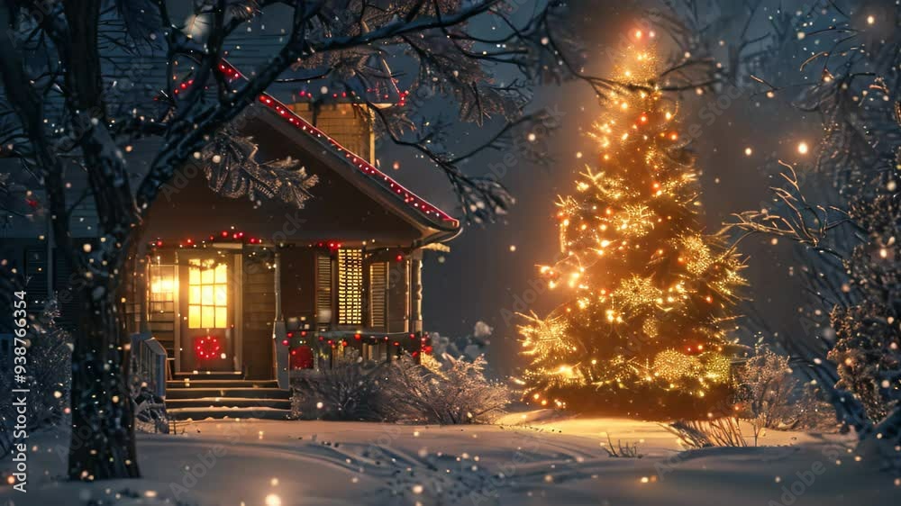 A cozy winter scene with a brightly lit Christmas tree in front of a snow-covered house A cozy winter scene with a glowing Christmas tree and snow falling gently outside A cozy winter scene with a brightly lit Christmas tree in front of a snow-covered house A cozy winter scene with a glowing Christmas tree and snow falling gently outside