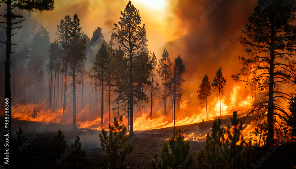 A forest fire scene showing trees engulfed in flames, emphasizing the destructive power of wildfires. A forest fire scene showing trees engulfed in flames, emphasizing the destructive power of wildfires.