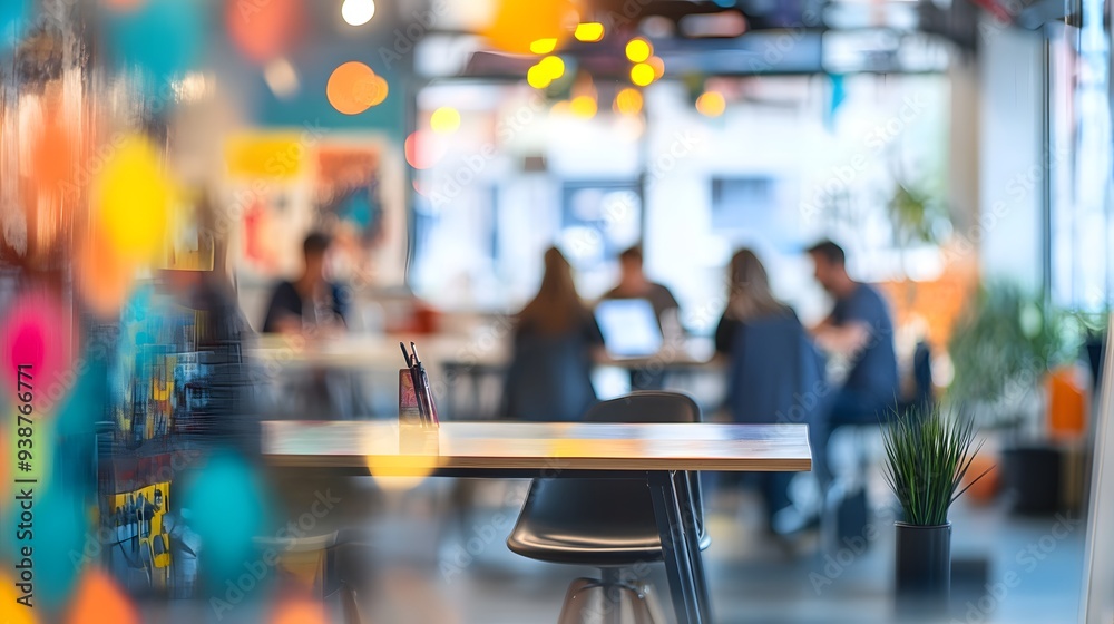A vibrant co-working space filled with professionals engaged in collaborative work, enhanced by colorful decor and warm lighting.