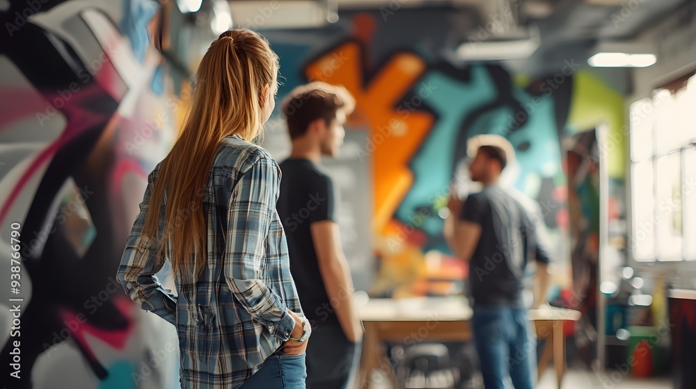 A creative workspace scene featuring a woman observing two men engaged in conversation against a colorful graffiti backdrop. A creative workspace scene featuring a woman observing two men engaged in conversation against a colorful graffiti backdrop.