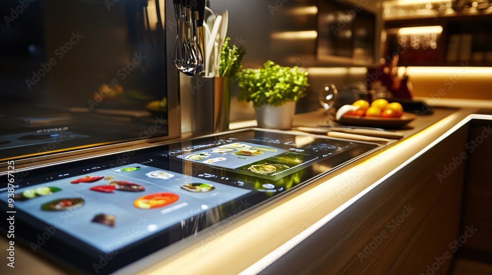 Fototapeta premium State-of-the-art kitchen with touch screen devices synced for seamless cooking experiences