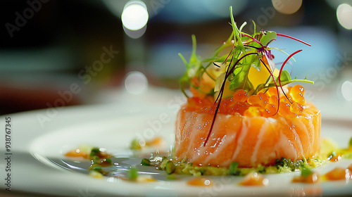 Artisanal Gourmet Dish with Elegant Presentation in a Fine Dining Setting