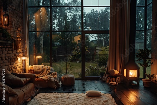 cozy room without furniture evening in a country house with a fireplace itâ€™s raining outside the windows