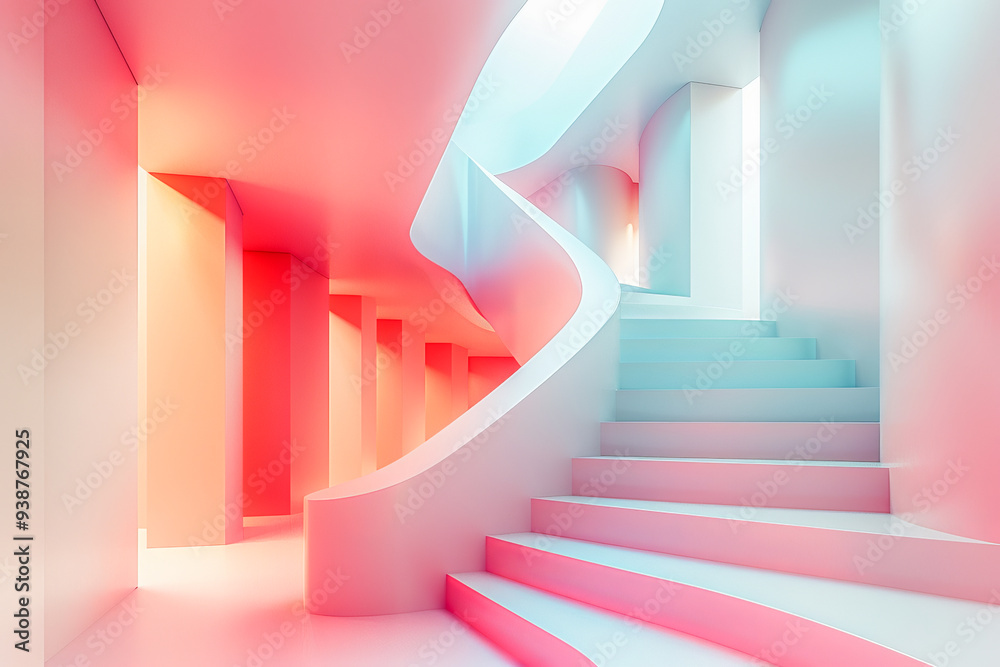 Modern white staircase in trendy pink and blue interior design Modern white staircase in trendy pink and blue interior design
