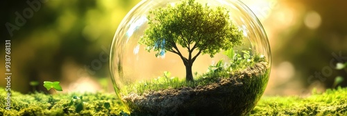 A miniature tree grows inside a glass globe, symbolizing the fragility of nature, the importance of conservation, the power of growth, the interconnectedness of life, and the beauty of the natural wor