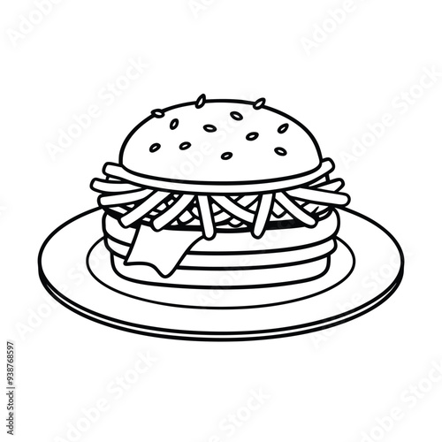 Line art vector of a classic American hamburger with fries on a stylish plate at a restaurant.