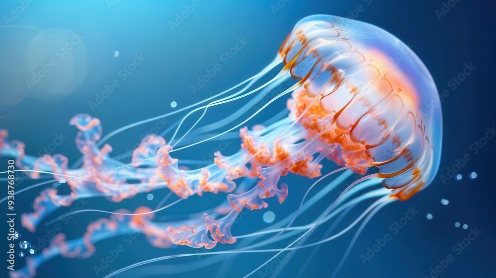 Obraz premium A close-up of a jellyfish swimming in the blue ocean.