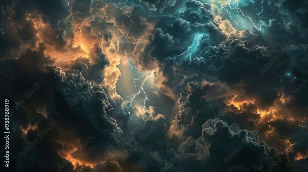an intense scene of dark clouds rolling across the sky, with flashes of lightning illuminating the ominous weather patterns an intense scene of dark clouds rolling across the sky, with flashes of lightning illuminating the ominous weather patterns
