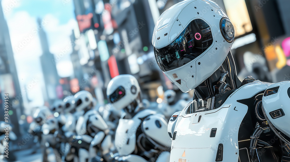 A sci-fi inspired metropolis with intelligent robots managing public services and security A sci-fi inspired metropolis with intelligent robots managing public services and security