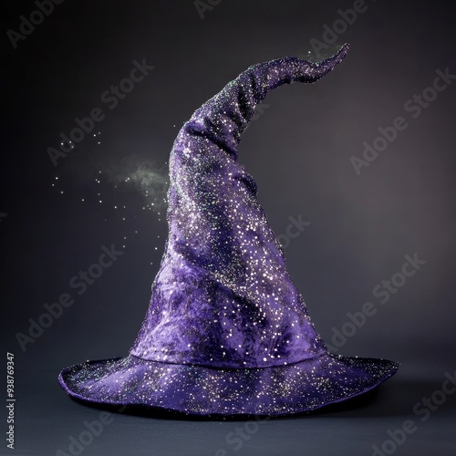 A purple velvet witch hat adorned with shimmering silver glitter, capturing the essence of magic and wonder. The hat is tilted slightly, as if caught in a magical gust of wind, with sparkling dust swi photo