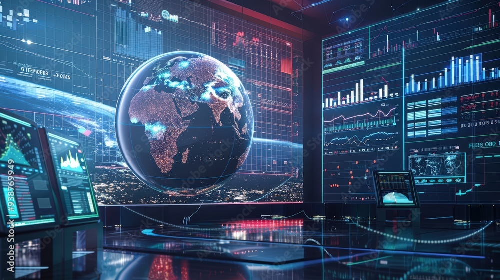 global business background with a globe surrounded by digital screens displaying various financial charts and global currencies global business background with a globe surrounded by digital screens displaying various financial charts and global currencies