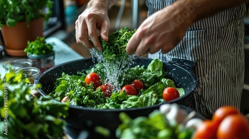 A chef preparing a fresh salad with washed vegetables, emphasizing cleanliness and safety.