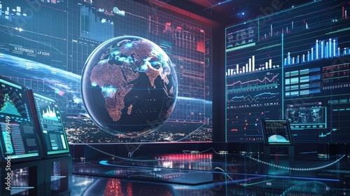 global business background with a globe surrounded by digital screens displaying various financial charts and global currencies