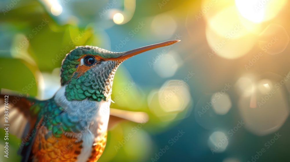 Fototapeta premium Close-up of a vibrant hummingbird perched on a branch with blurred background.