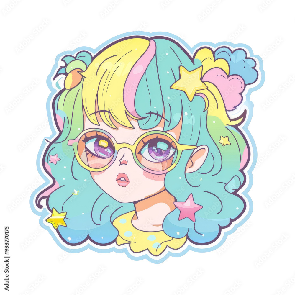 Cute Cartoon Girl with Pastel Hair and Glasses.