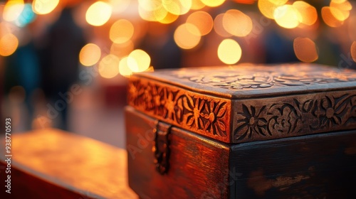 The beautifully detailed wooden box stands out against a softly lit background, showcasing craftsmanship in a bustling market setting