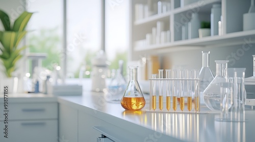 A sterile, bright, and modern laboratory workspace with beakers, flasks, and test tubes filled with clear and amber liquids, showcasing the tools and equipment used in scientific research and experime photo