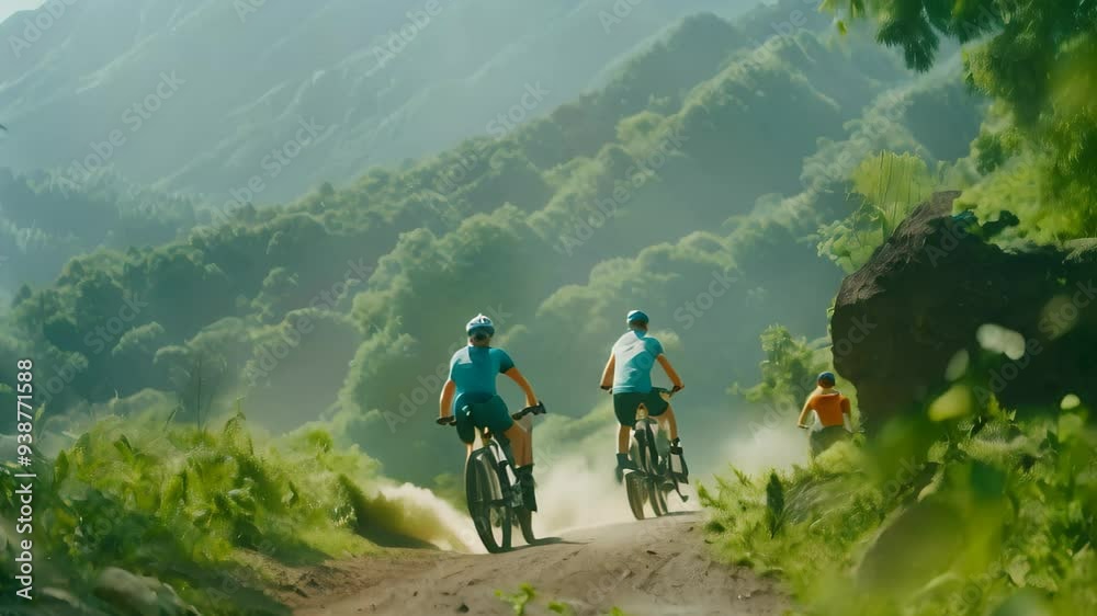 A family of three enjoys a scenic bike ride through a lush green mountain landscape on a bright, sunny day, A family of three enjoying a bike ride through a scenic mountain trail A family of three enjoys a scenic bike ride through a lush green mountain landscape on a bright, sunny day, A family of three enjoying a bike ride through a scenic mountain trail