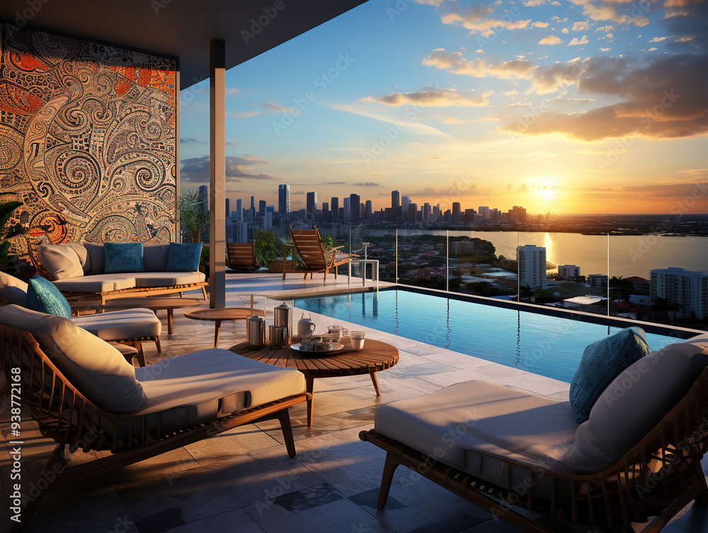 Fototapeta premium Outstanding A swimming pool with a view of the city