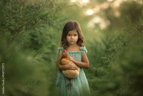 Young Girl Embraces Chicken in Lush Greenery