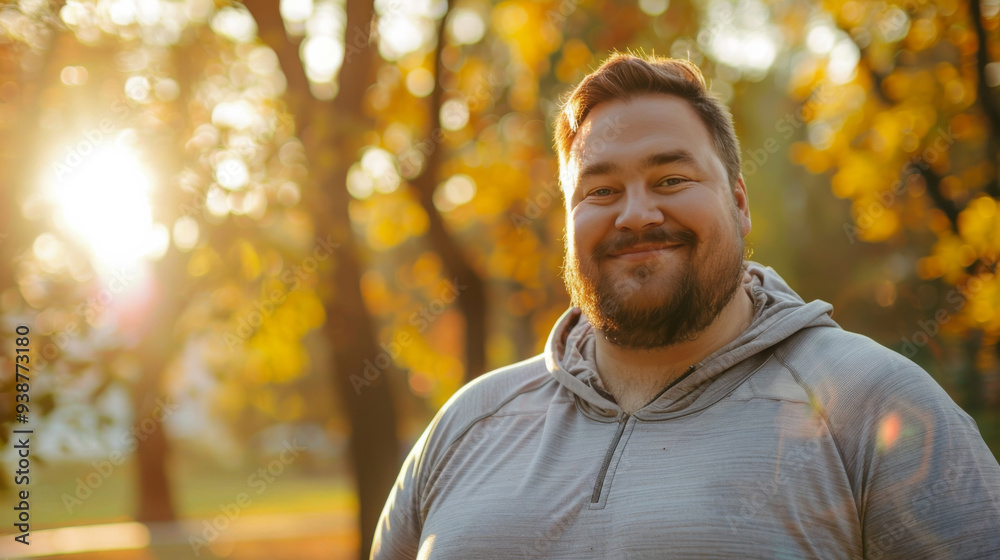 A cheerful smiling man enjoys the beauty of an autumn park bathed in warm sunlight A cheerful smiling man enjoys the beauty of an autumn park bathed in warm sunlight