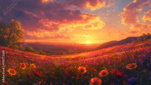 A vibrant sunset paints the sky with warm hues of orange and pink, casting a golden glow over a field of wildflowers. The scene evokes feelings of tranquility and beauty, representing the cycle of lif photo