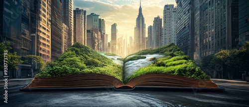 Giant book opening in the middle of a city street, with pages turning into flowing rivers and green hills photo