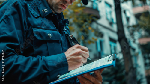 A dedicated police officer is meticulously taking detailed notes in a busy urban environment